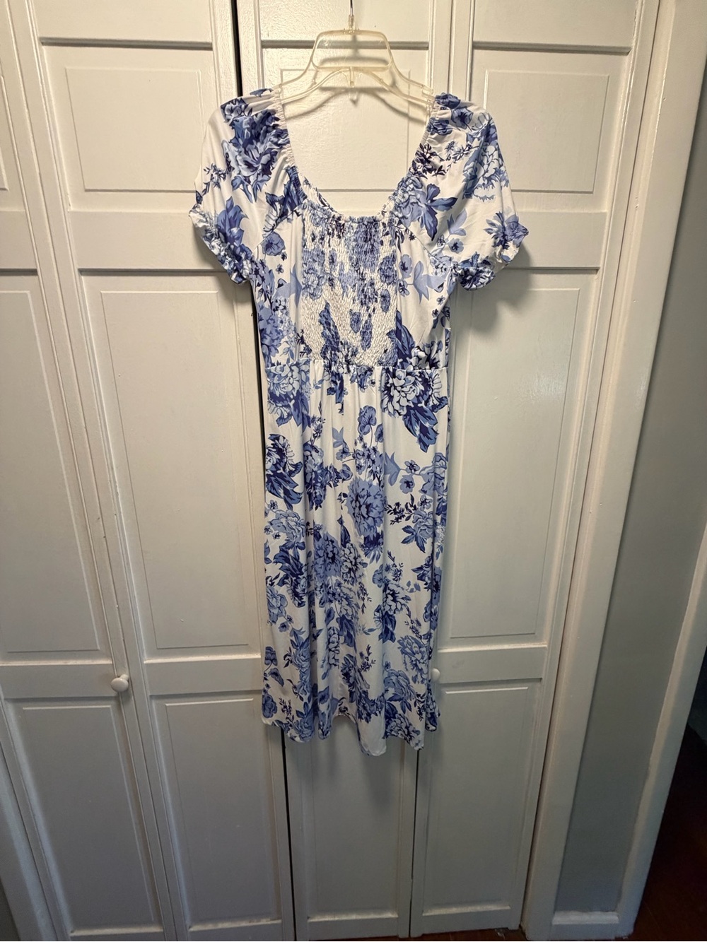 Amazon White and Blue Floral Smocked Midi Dress